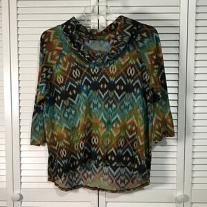 Notations Geometric Multicolor Cowl Neck ¾” Sleeve Sweater XL
